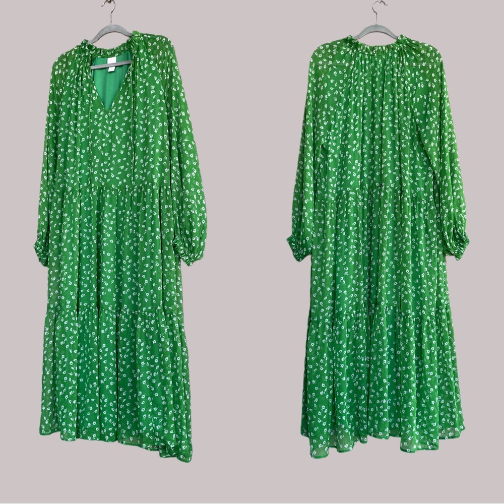 H&M Green & White Does Ditsy Floral Printed Long Sleeve Flowy Chiffon Maxi Dress - Picture 7 of 10